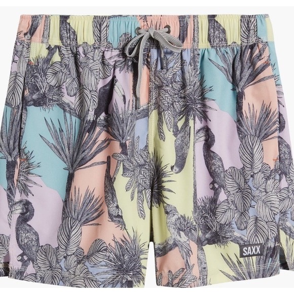 New SAXX Oh Buoy 2N1 Volley 5" Shorts Mens Swim Drop Temp Liner Tropical Birds - Picture 5 of 10